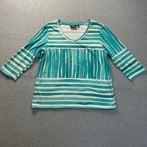 Onque Casual V Neck Knit Top Womens Large Aqua White Striped 3/4 Sleeve Stretch